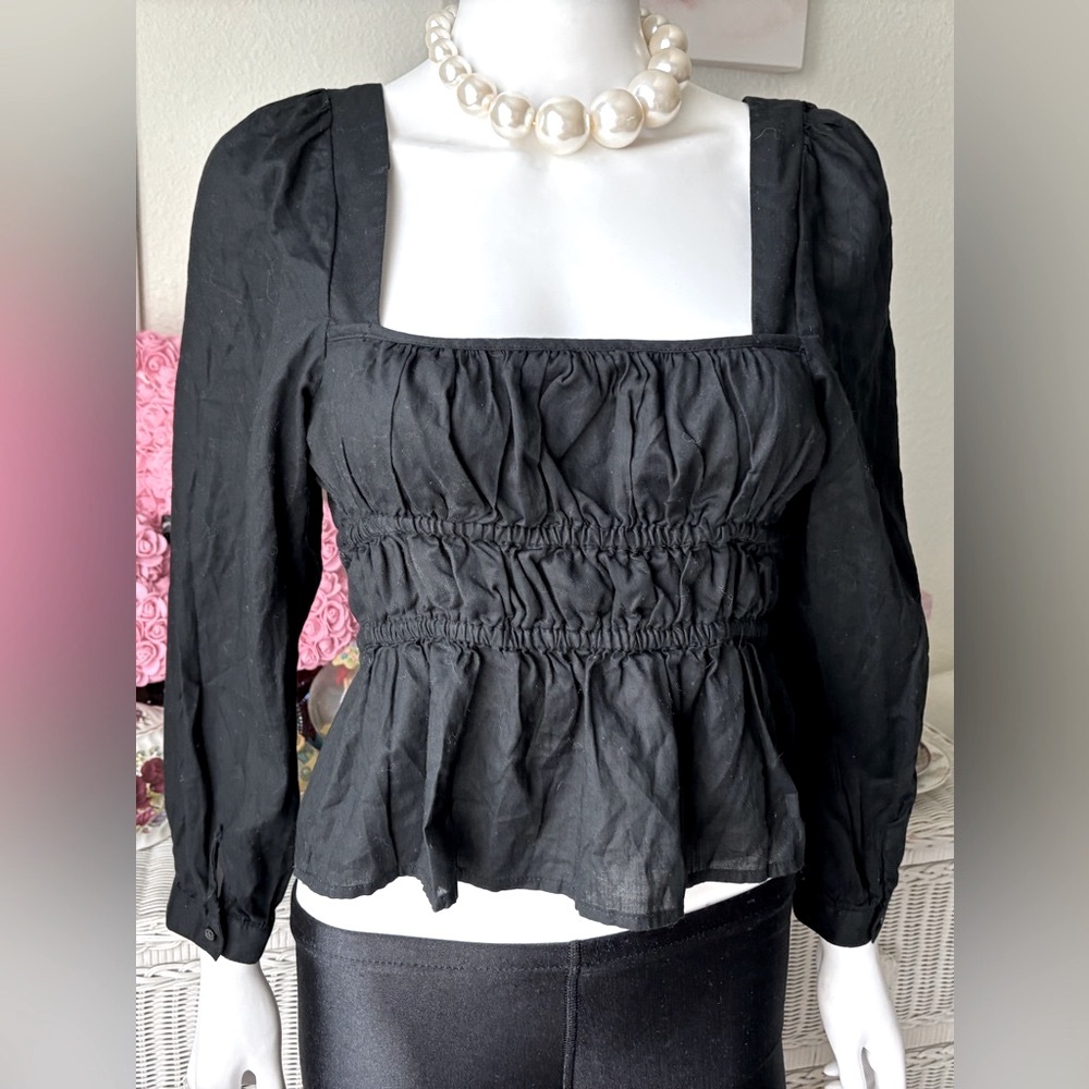J. Crew Crop Top peasant style Smocked Waist Low Cut long sleeves Black size 10